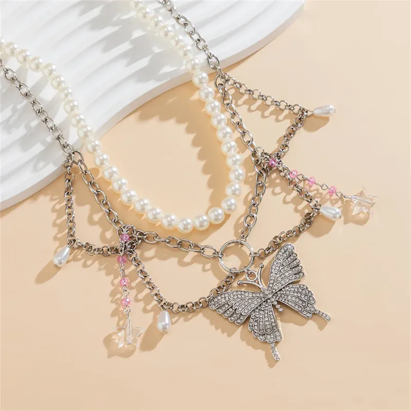 Dreamy Rhinestone Butterfly Star Pendant Pearl Necklaces for Women