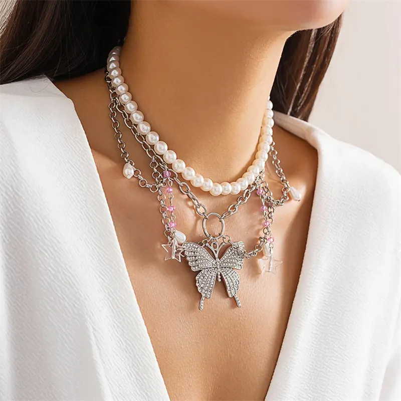 Dreamy Rhinestone Butterfly Star Pendant Pearl Necklaces for Women