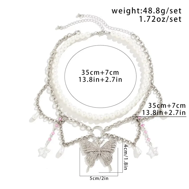 Dreamy Rhinestone Butterfly Star Pendant Pearl Necklaces for Women