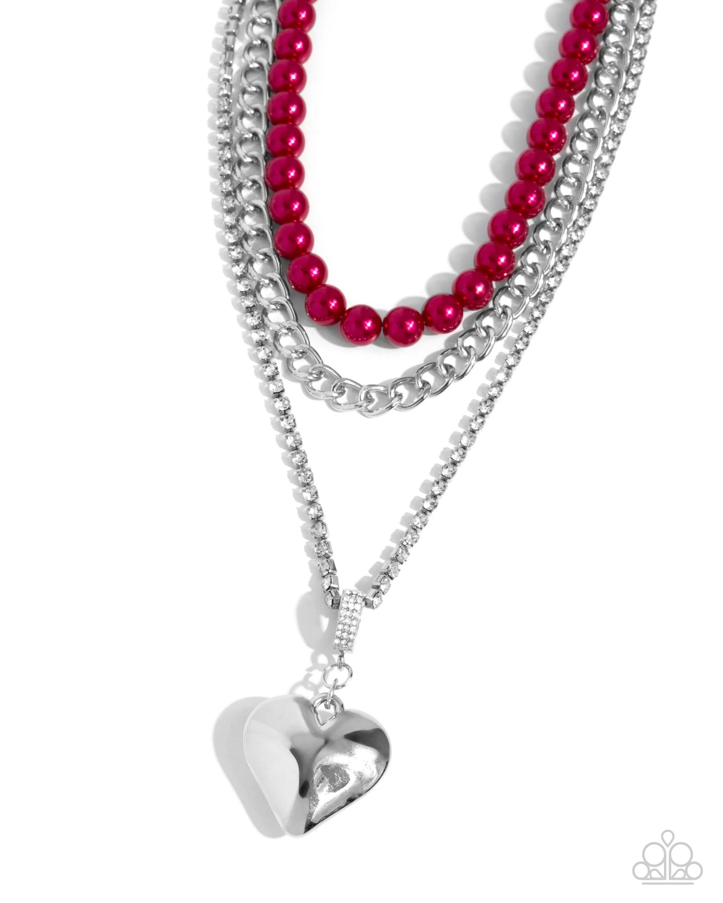 Easy Elevation - Red - Pearl, Silver Curb Chain Heart Pendant Tiered Paparazzi Short Necklace