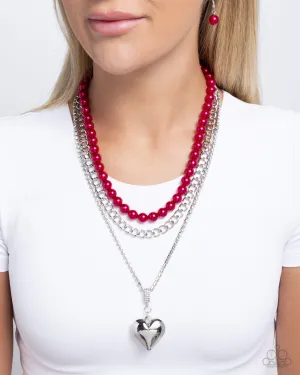 Easy Elevation - Red - Pearl, Silver Curb Chain Heart Pendant Tiered Paparazzi Short Necklace