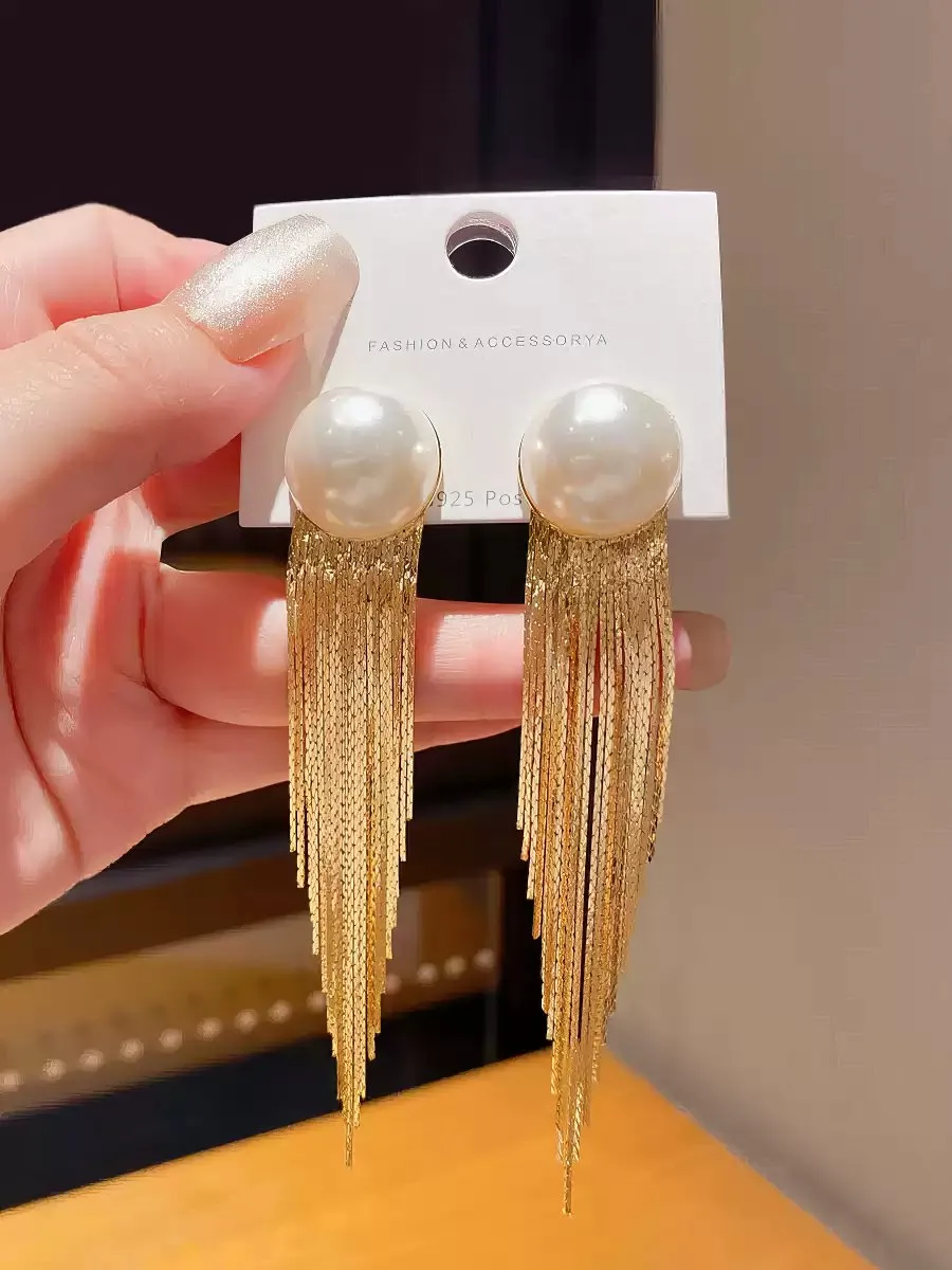 Elegant Pearl Stud Earrings with Flowing Tassel Drop
