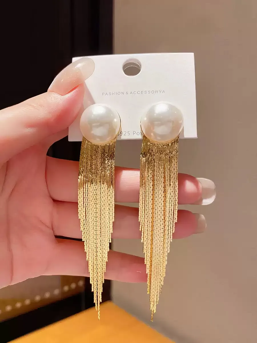 Elegant Pearl Stud Earrings with Flowing Tassel Drop