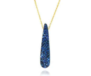 Elongated Teardrop Blue Druzy 14K Gold Necklace