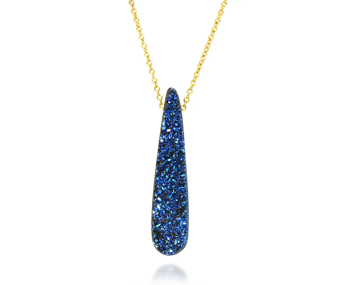 Elongated Teardrop Blue Druzy 14K Gold Necklace