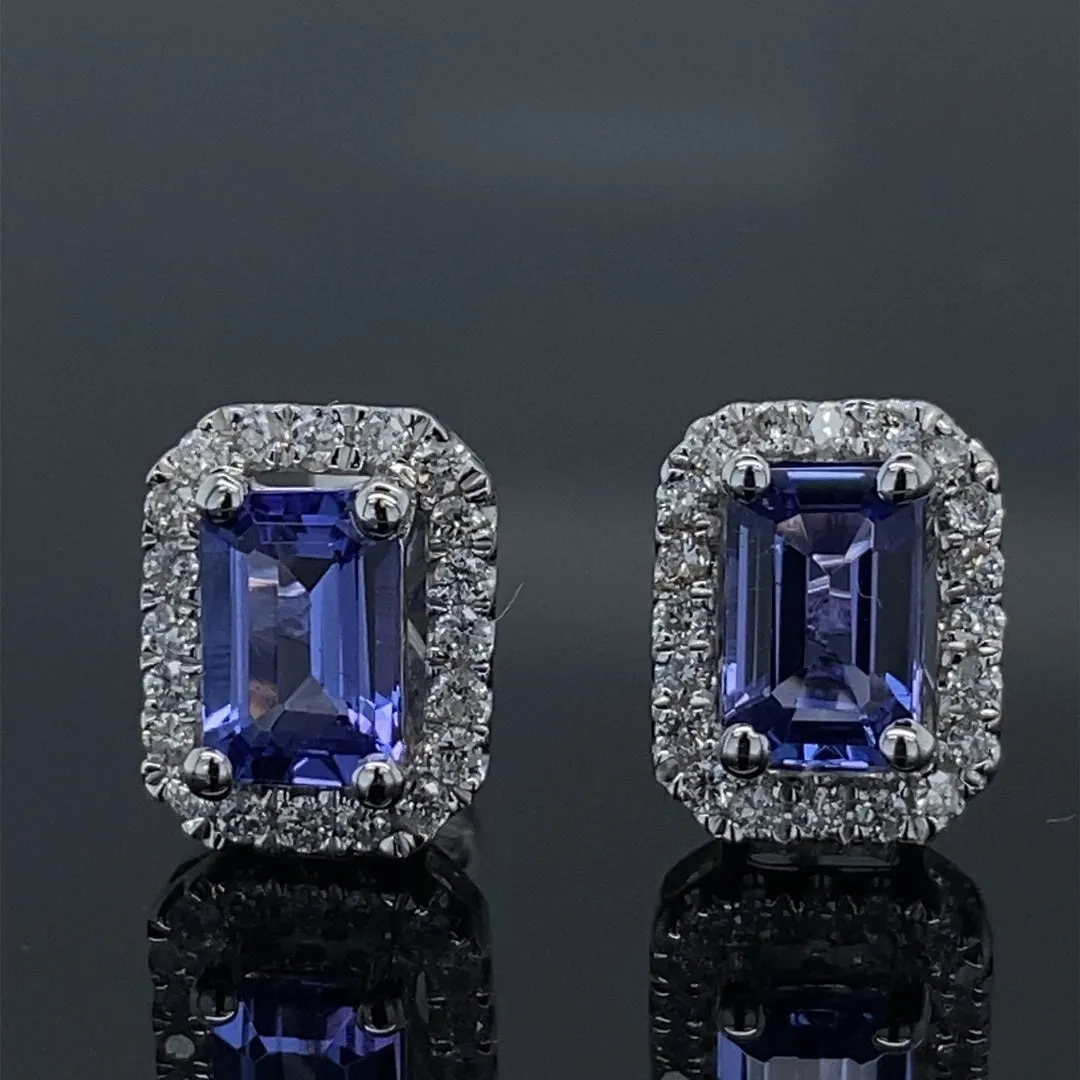 Emerald Cut Tanzanite & Diamond Halo Stud Earrings