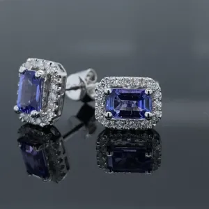 Emerald Cut Tanzanite & Diamond Halo Stud Earrings