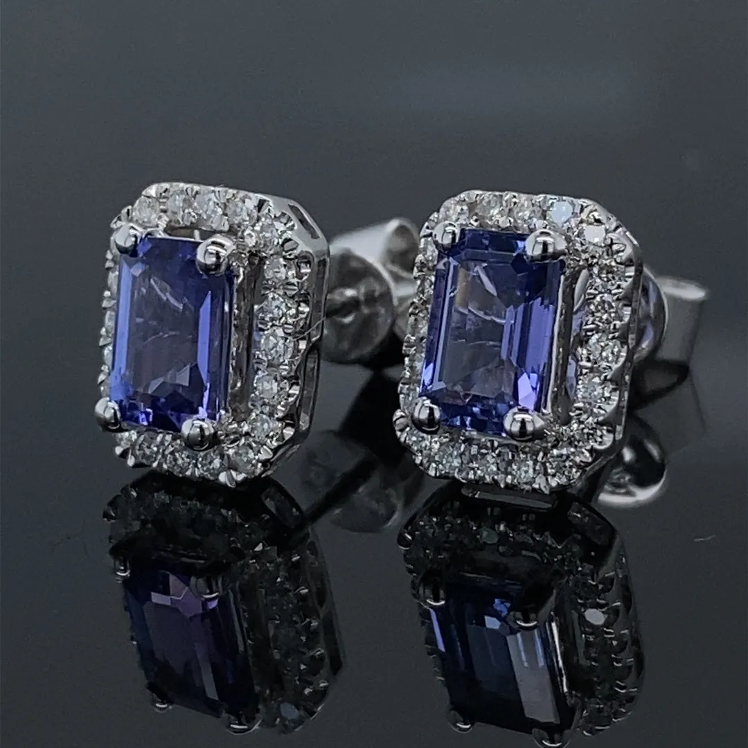 Emerald Cut Tanzanite & Diamond Halo Stud Earrings