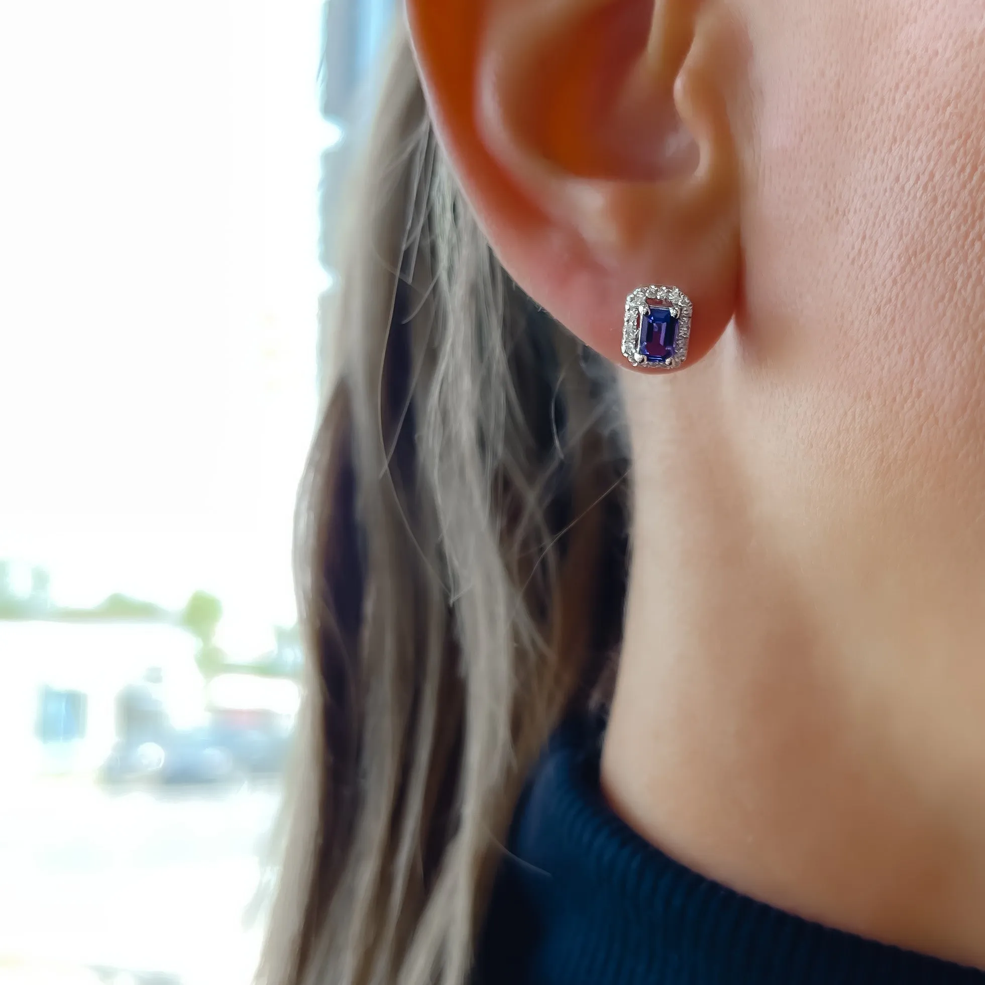 Emerald Cut Tanzanite & Diamond Halo Stud Earrings