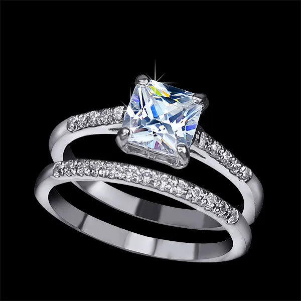 Engagement Ring Set Two Band 1.6 Carat Princess Cut Zirconia Crystal Wedding Rings for Women Hot Anillos Anel