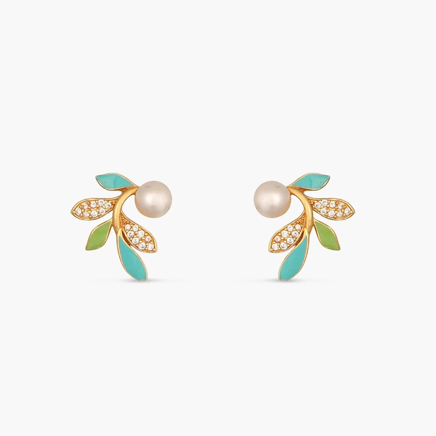 Eriha Pearl Delicate Green Leaf Stud Earrings