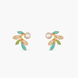 Eriha Pearl Delicate Green Leaf Stud Earrings
