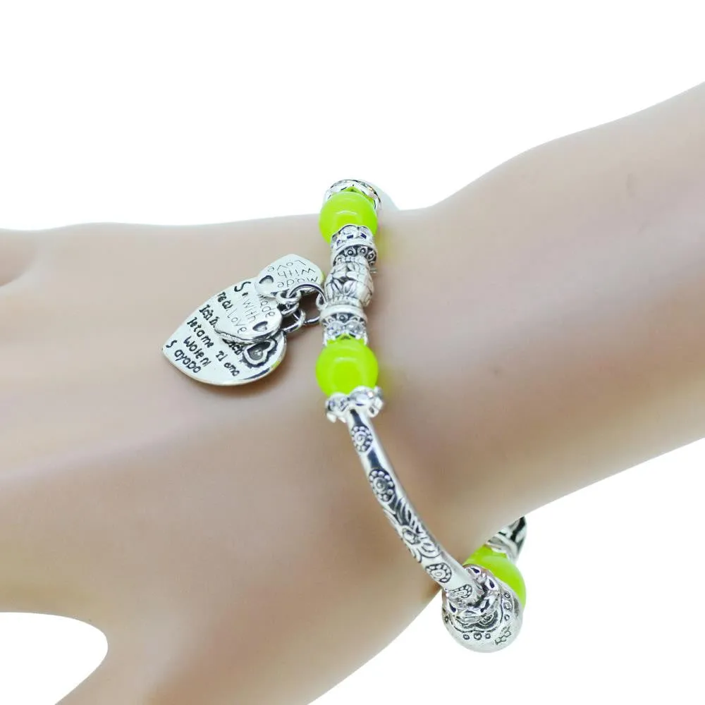 Fashion serling silver jewelry love heart charm bangles & bracelets glass beads strand bracelets for women fine jewelry