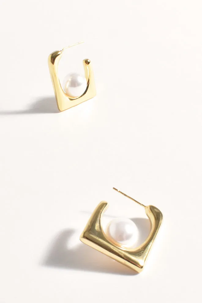 Faux Pearl Geo Hoops - Cream