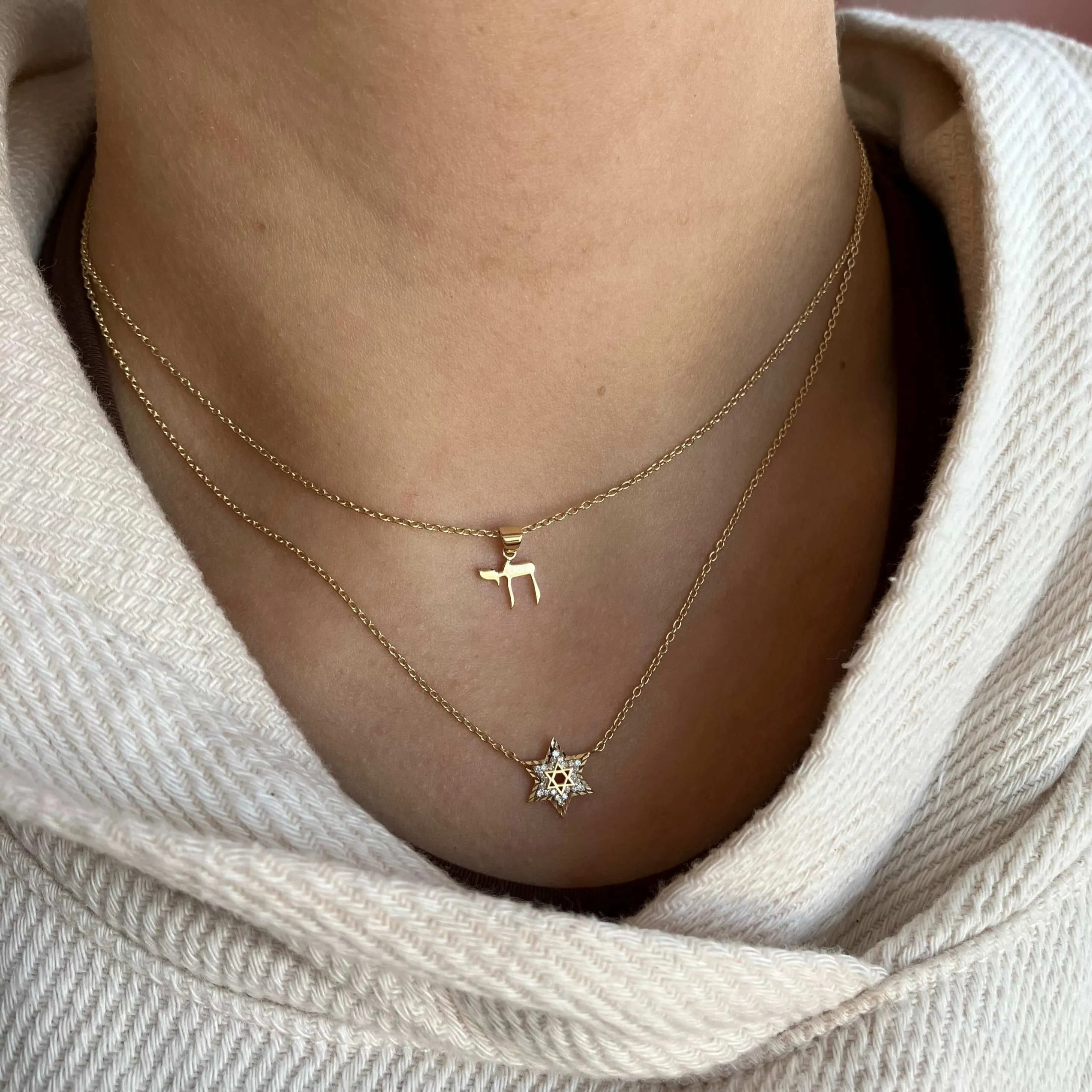 Fluted Pave Outline Star of David Necklace