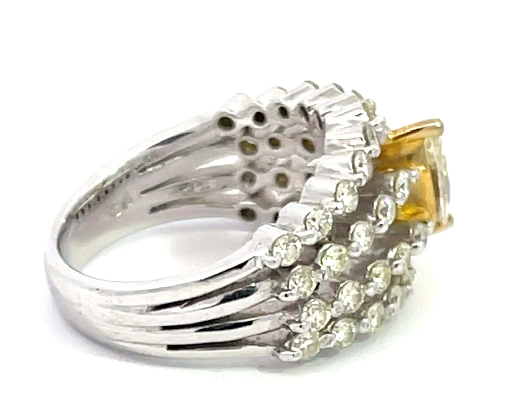 Four Row Diamond Band with Yellow Marquise Diamond Center Ring in 18k White Gold