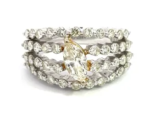 Four Row Diamond Band with Yellow Marquise Diamond Center Ring in 18k White Gold