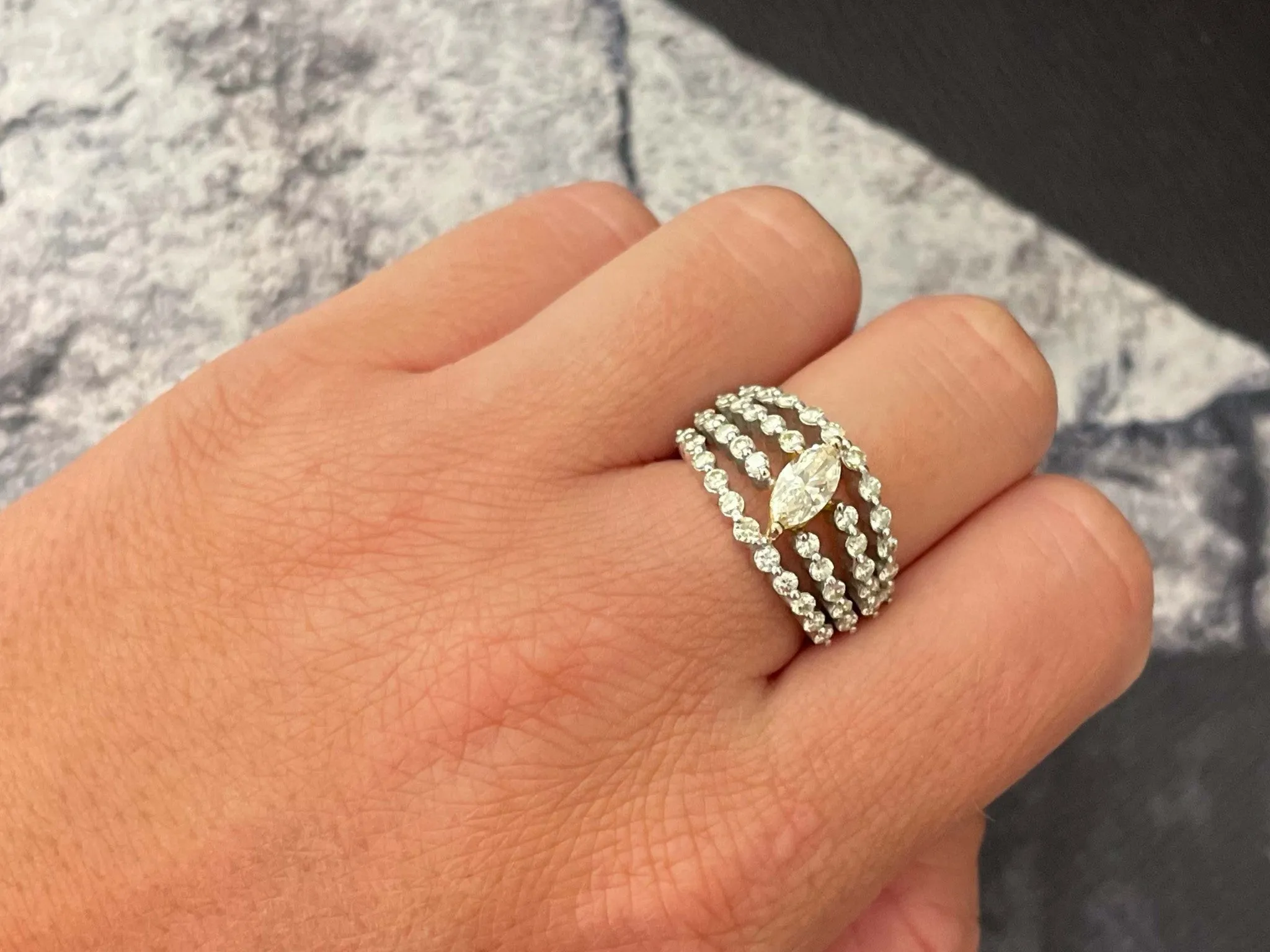 Four Row Diamond Band with Yellow Marquise Diamond Center Ring in 18k White Gold