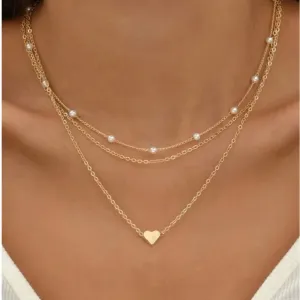 FTCY 3pcs Women's Pearl Necklace Set 14K Gold Heart Jewelry