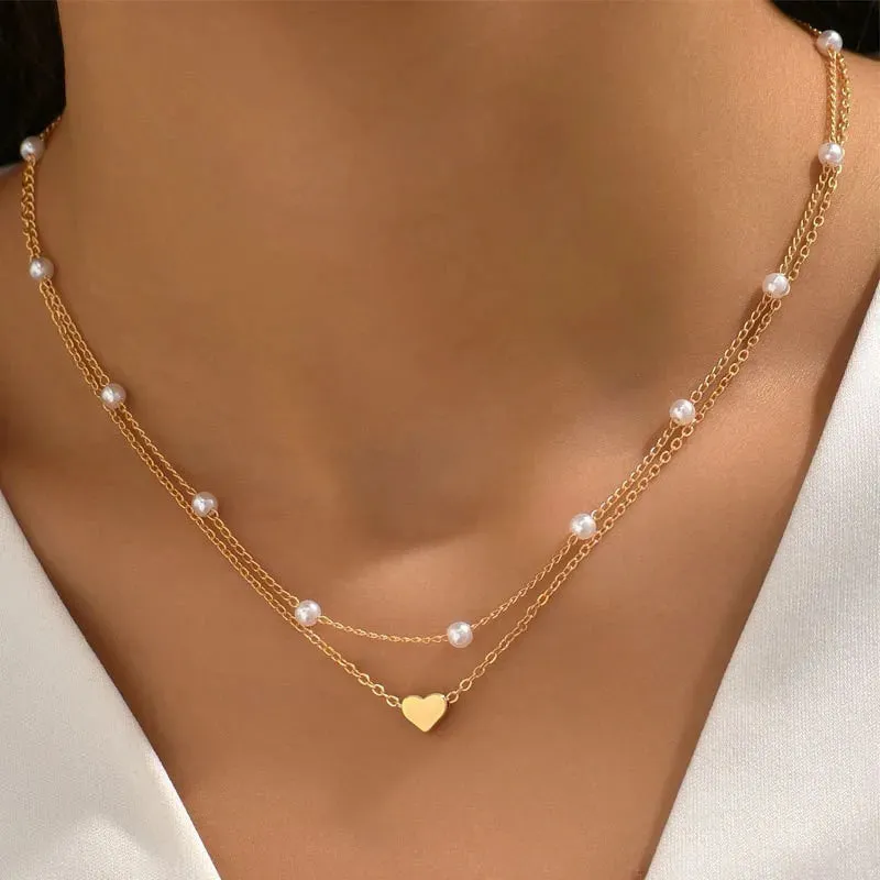 FTCY 3pcs Women's Pearl Necklace Set 14K Gold Heart Jewelry