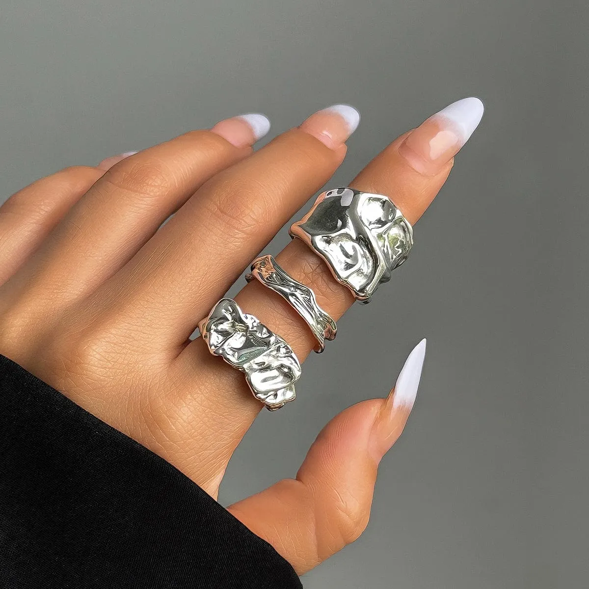 Geometric 3pcs Irregular Pleated Open Ring Set