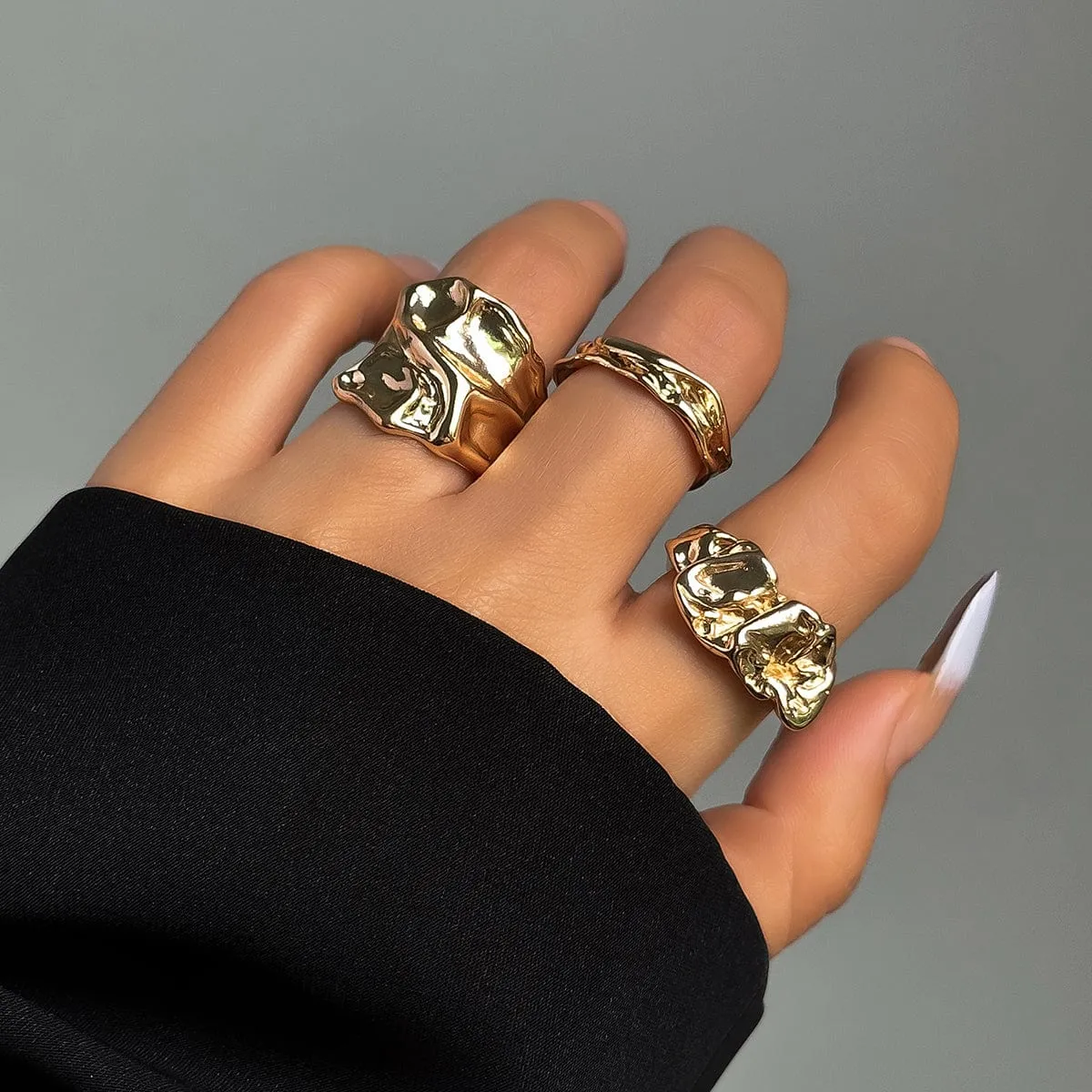 Geometric 3pcs Irregular Pleated Open Ring Set