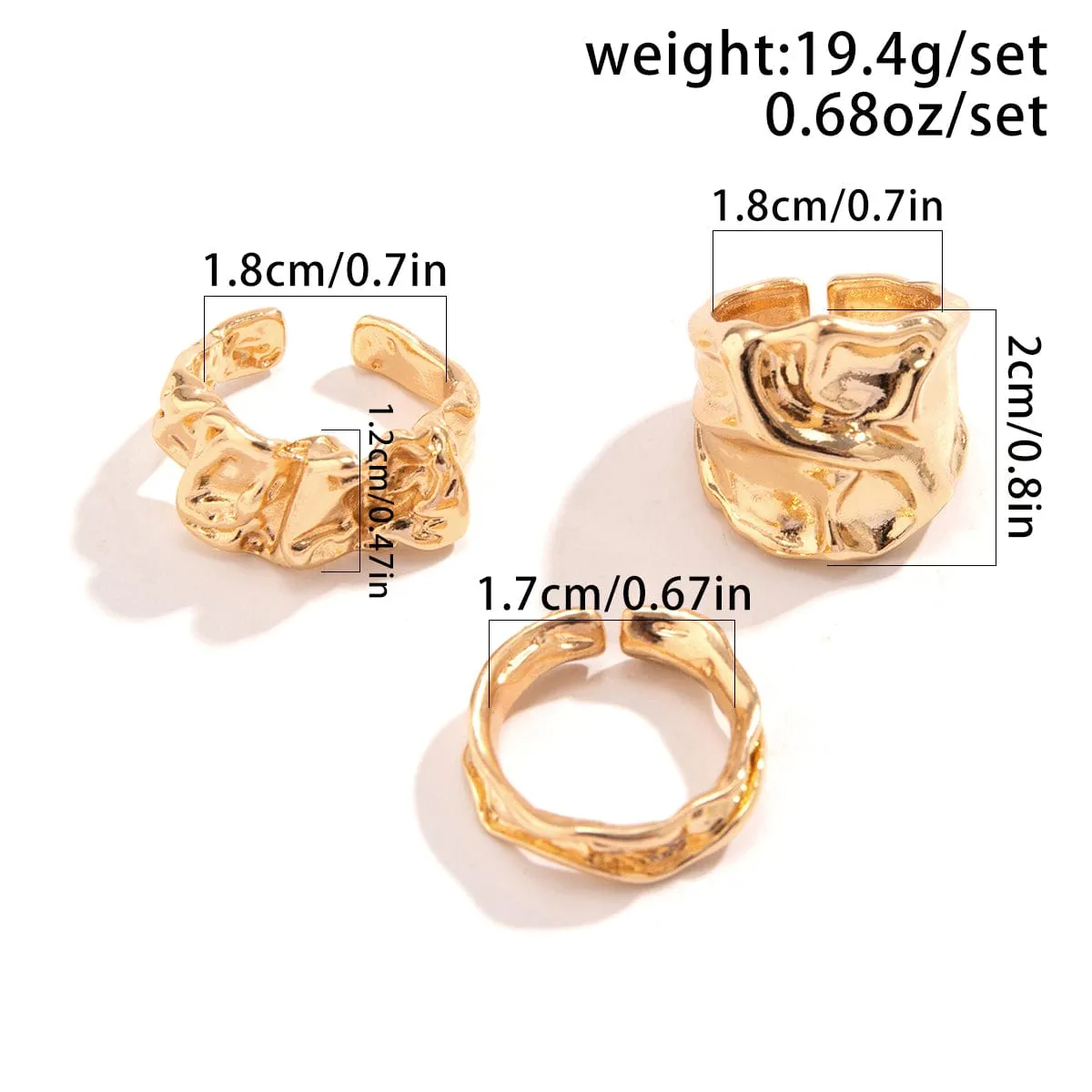 Geometric 3pcs Irregular Pleated Open Ring Set