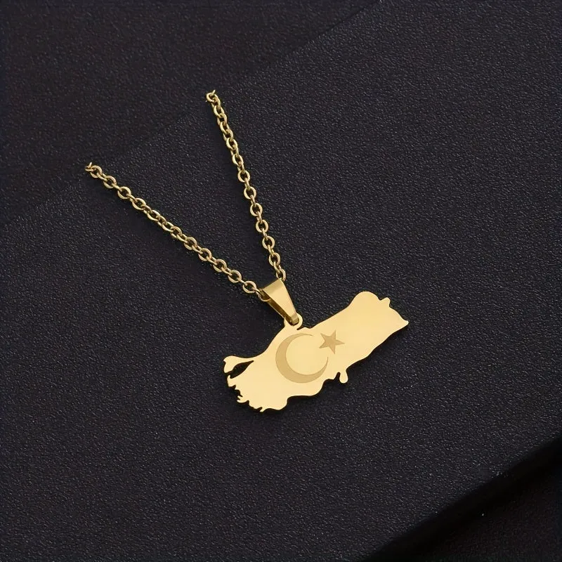 Geometric Map Pendant Necklace Stainless Steel Clavicle Chain