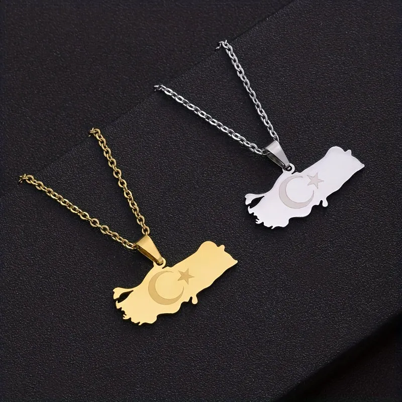 Geometric Map Pendant Necklace Stainless Steel Clavicle Chain