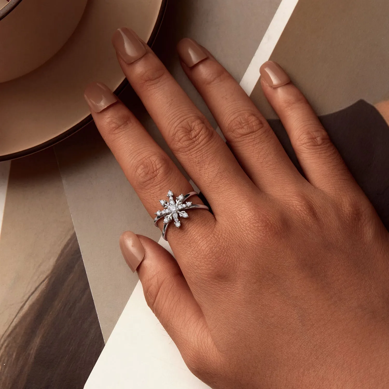 Geometric Snowflake Open Ring