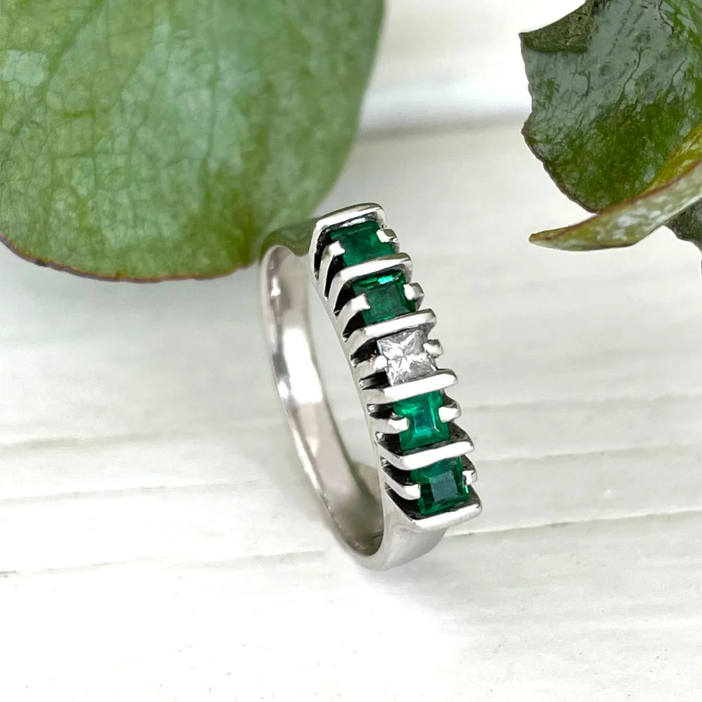 Geometric White Gold Bar Four Emerald, White Diamond Ring