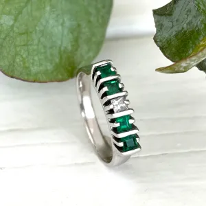 Geometric White Gold Bar Four Emerald, White Diamond Ring