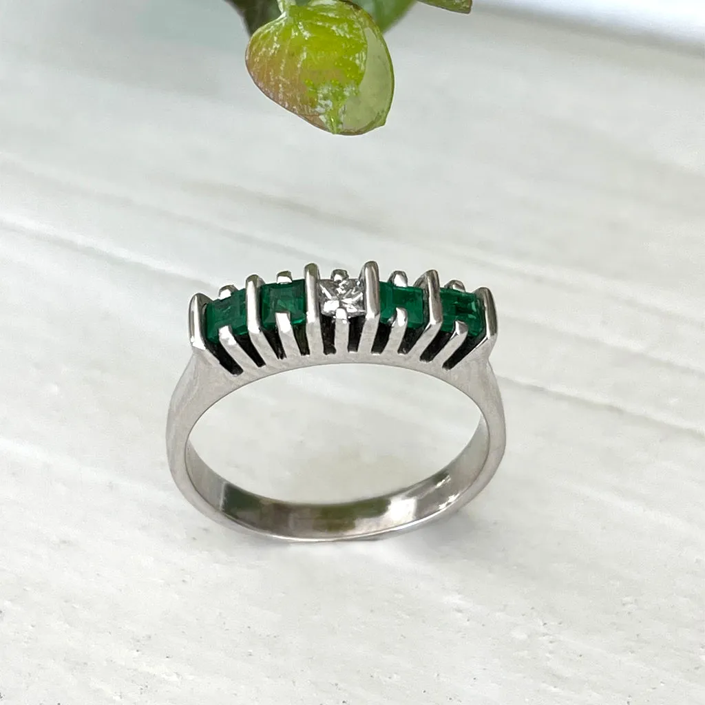 Geometric White Gold Bar Four Emerald, White Diamond Ring