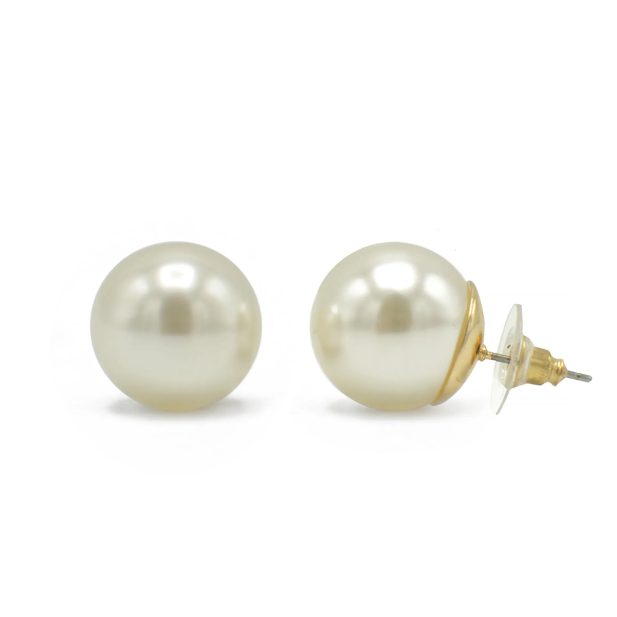 Gold 14mm Cream Pearl Stud Earring#HNE90895-14MMGDCM(MD14)