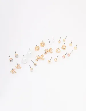 Gold Bow Pearl & Heart Earring 12-Pack