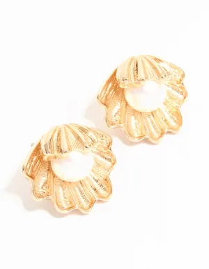 Gold Clam Pearl Stud Earrings