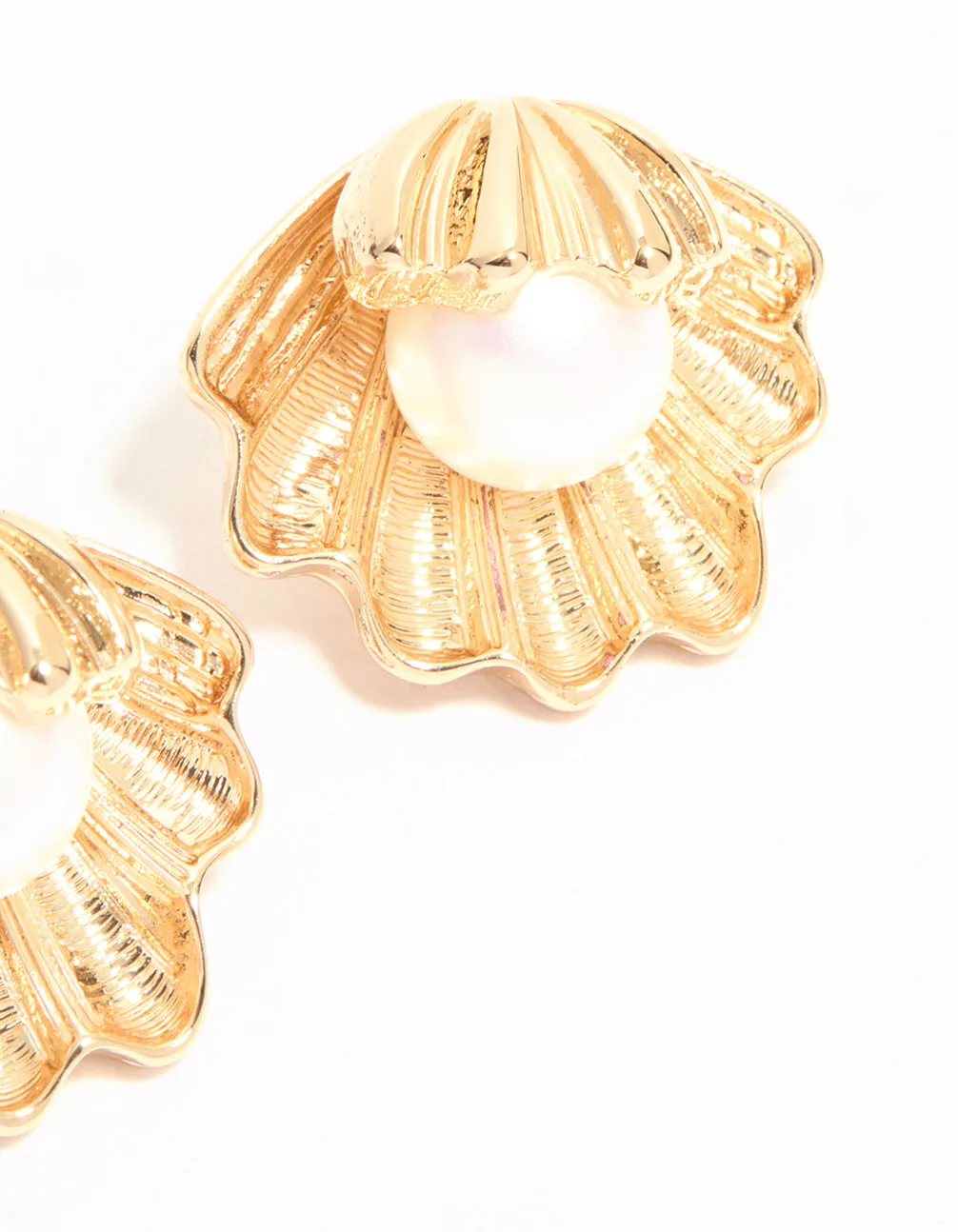 Gold Clam Pearl Stud Earrings