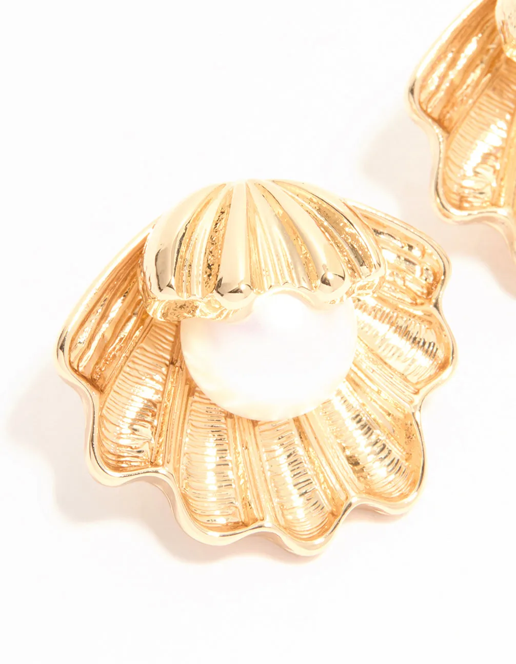 Gold Clam Pearl Stud Earrings