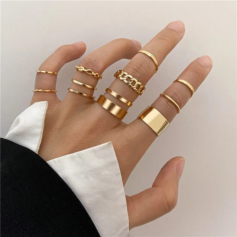 Gold Color Rings Set for Women Girls Punk Geometric Simple Finger Rings Trend Jewelry