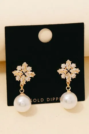 Gold Dipped Cz Cluster Stud And Pearl Charm Earrings