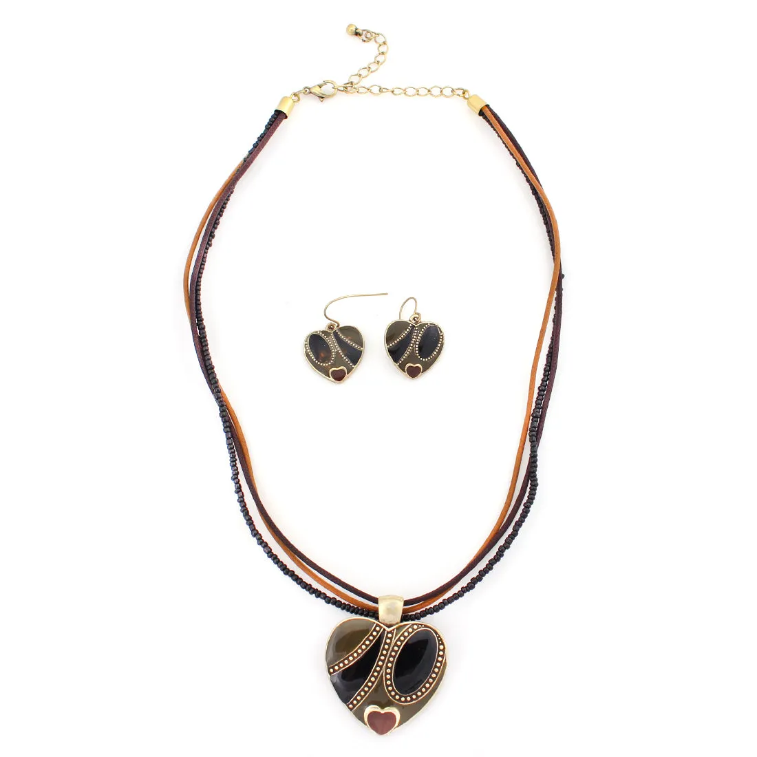 GOLD MULTI COLOR BLACK AND BROWN HEART PENDANT NECKLACE SET  #WS24001S62 (SHBC9)