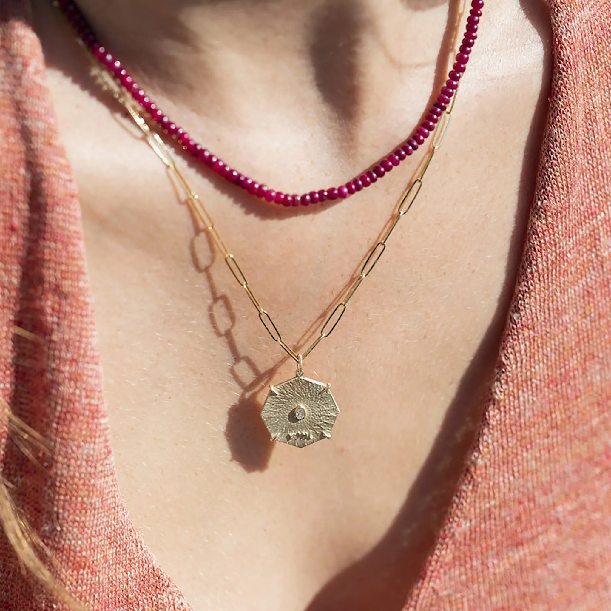 Gold Octagon "Seek" Pendant with Pear-Shape Diamond