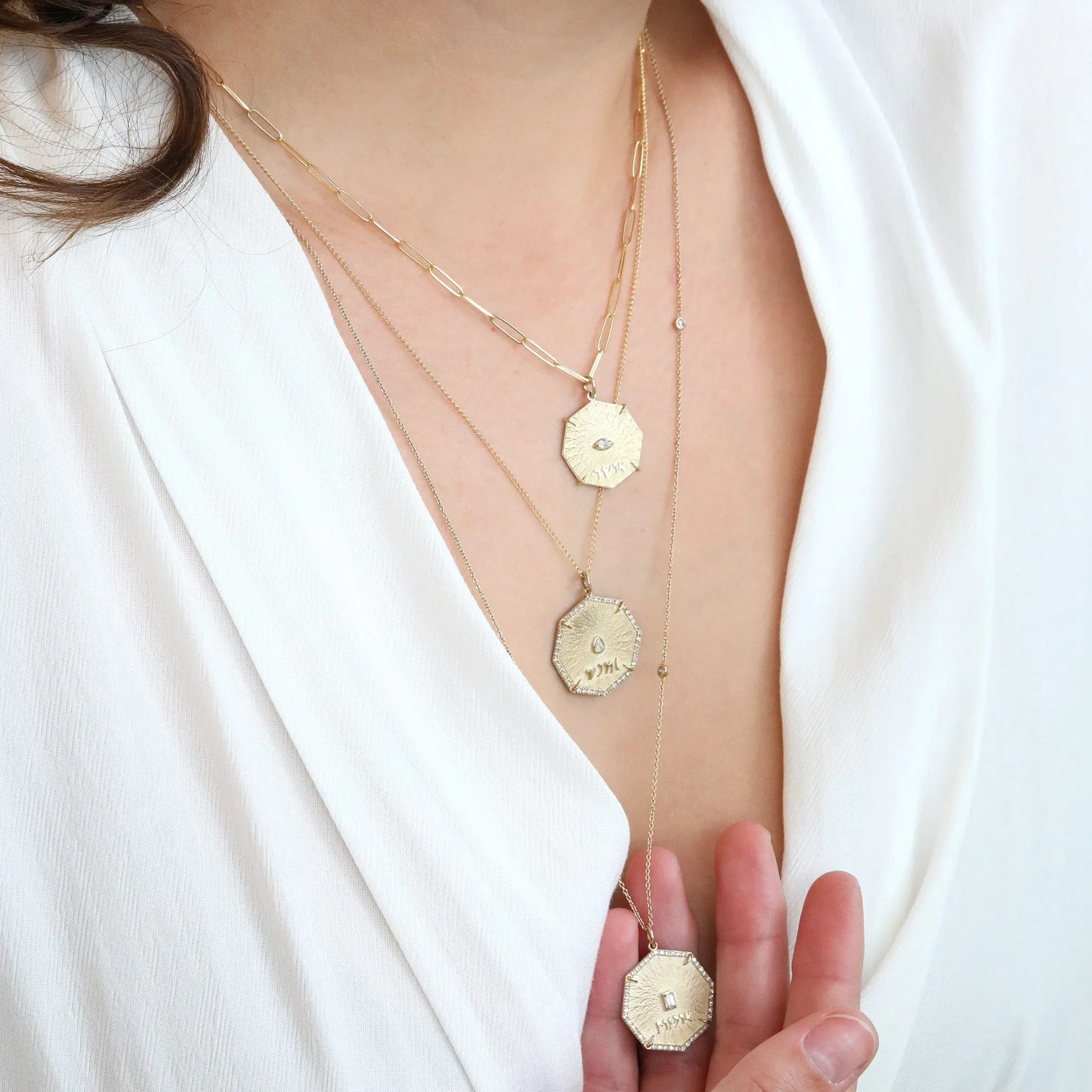 Gold Octagon "Seek" Pendant with Pear-Shape Diamond