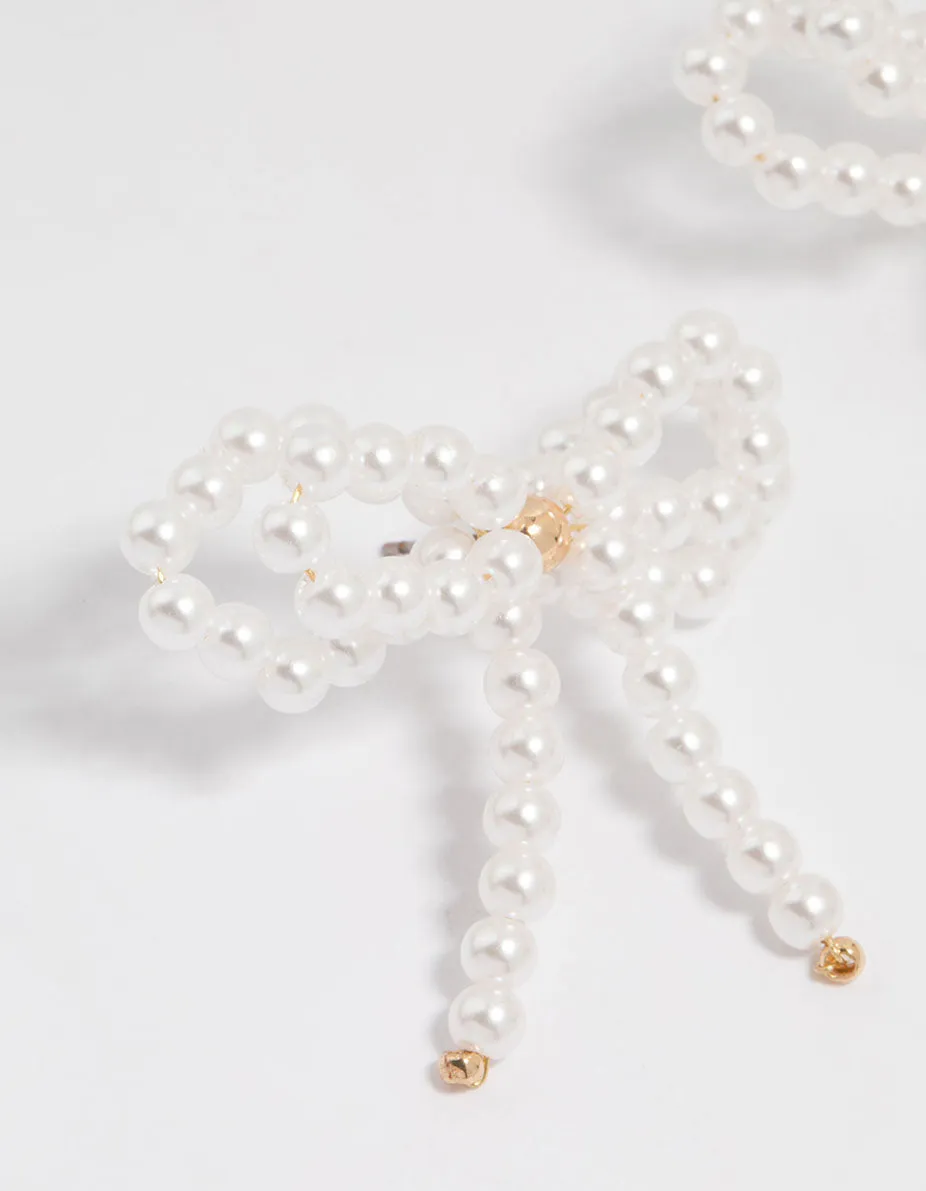 Gold Pearl Bow Stud Earrings