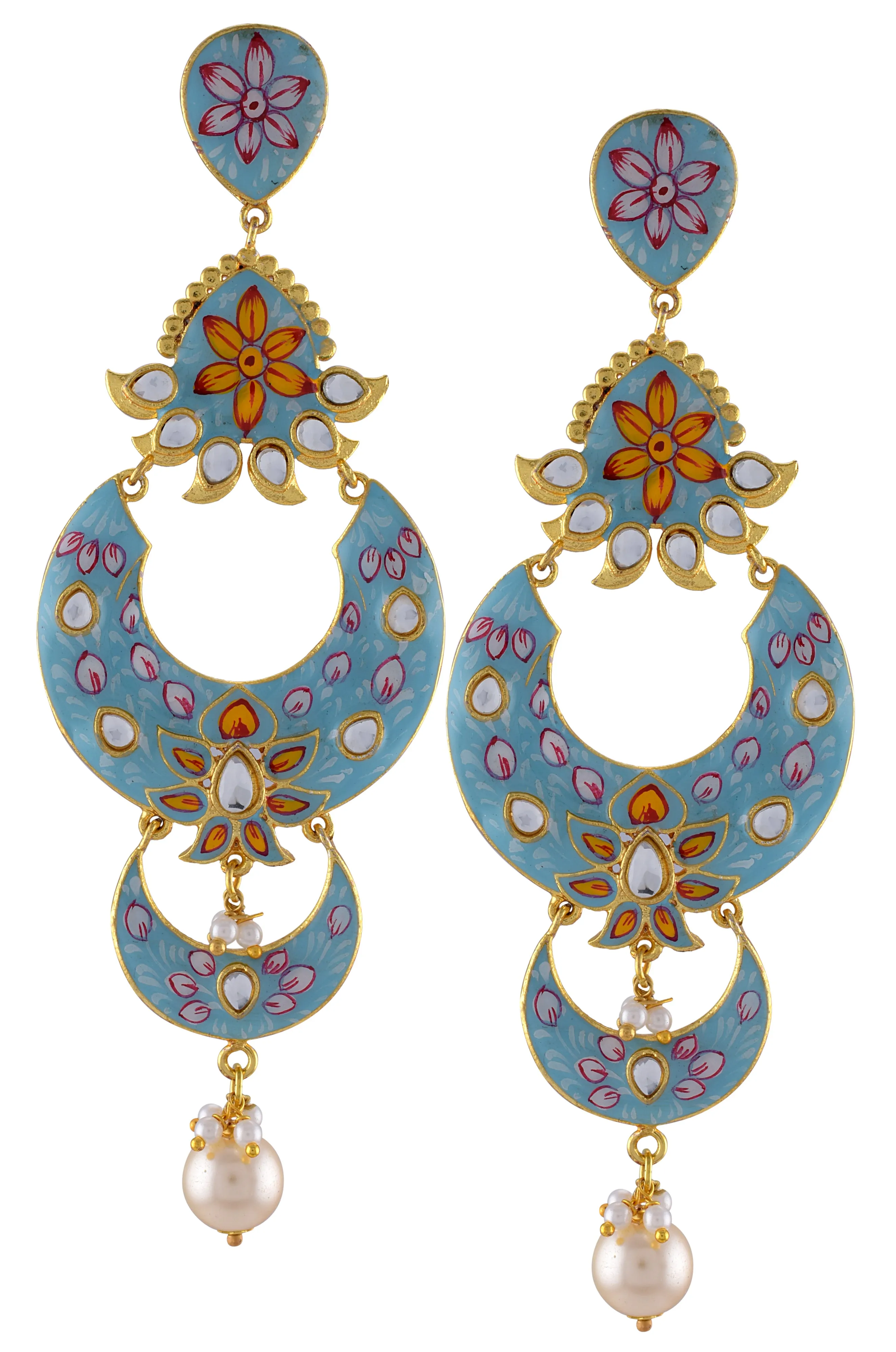 Gold Plated Aqua Flower Enamelled Glass Moon Earrings