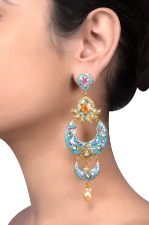 Gold Plated Aqua Flower Enamelled Glass Moon Earrings