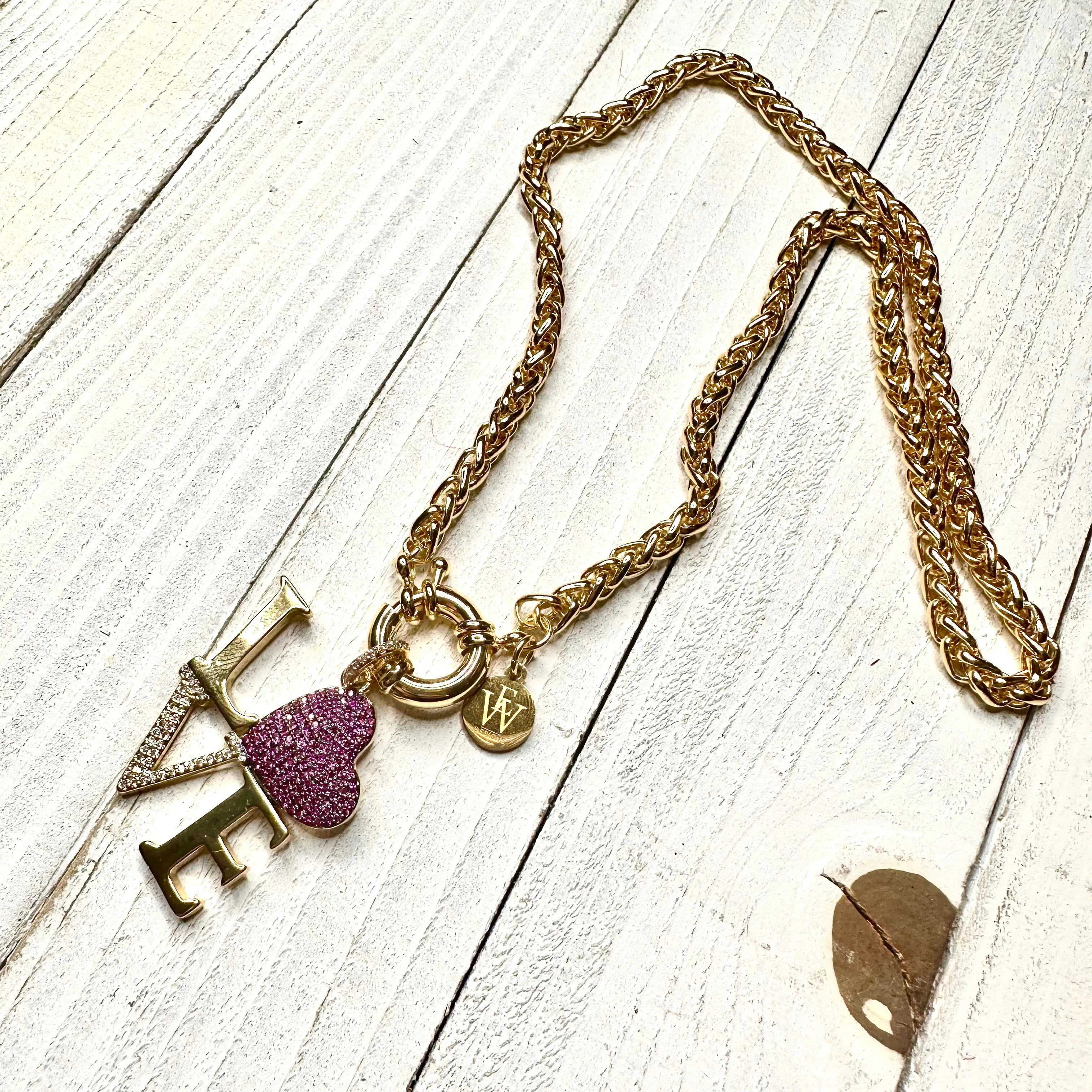 Gold Plated Byzantine Chain with an Italian Clasp Necklace and the Love word as Pendant | Erika Williner Designs