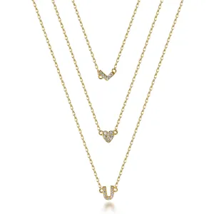 Gold Plated Sterling Silver  CZ I Love You Heart 3 Layered Necklaces