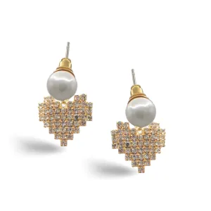 GOLD RHINESTONES HEART PEARL STUD EARRINGS #HNE90620GD Gold