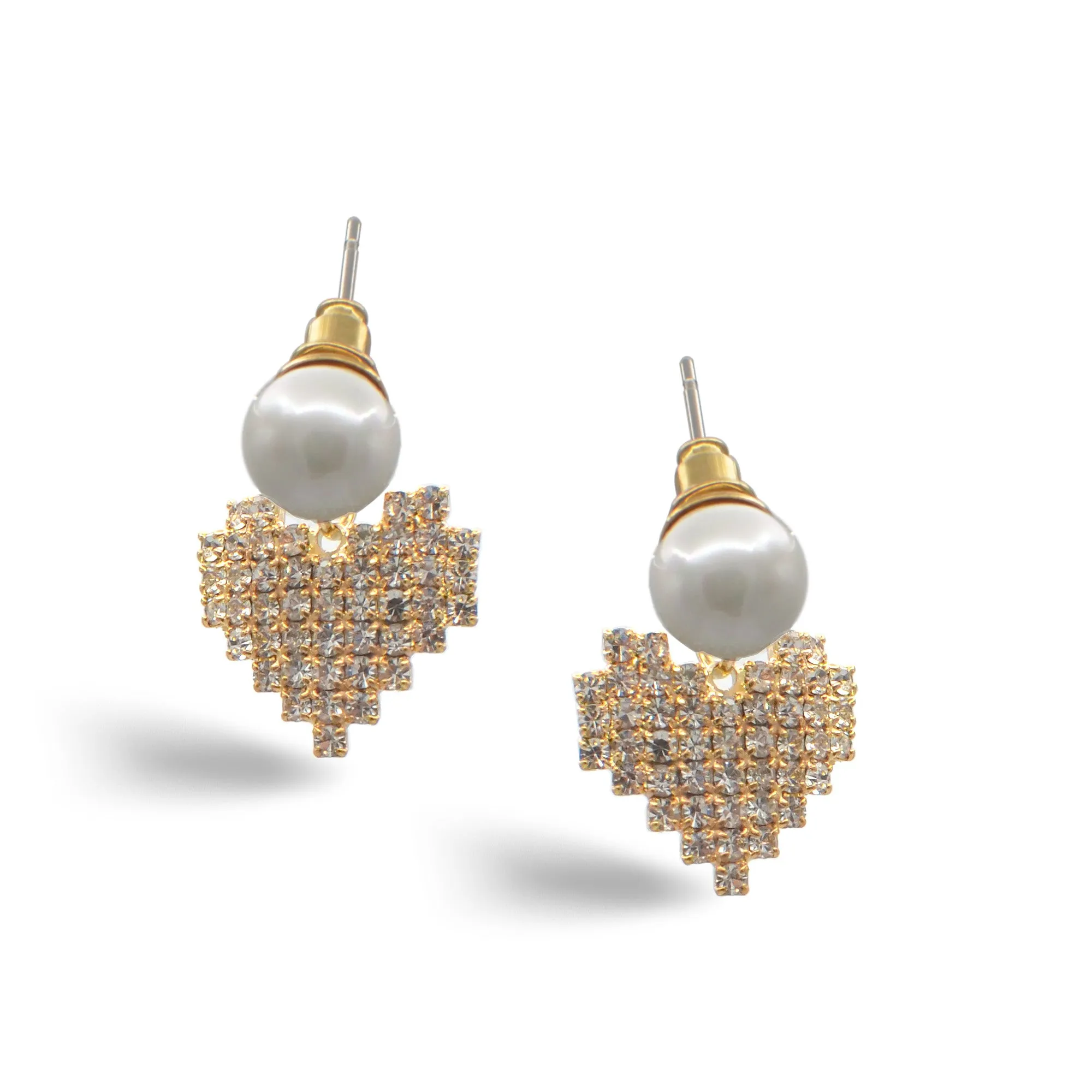 GOLD RHINESTONES HEART PEARL STUD EARRINGS #HNE90620GD Gold